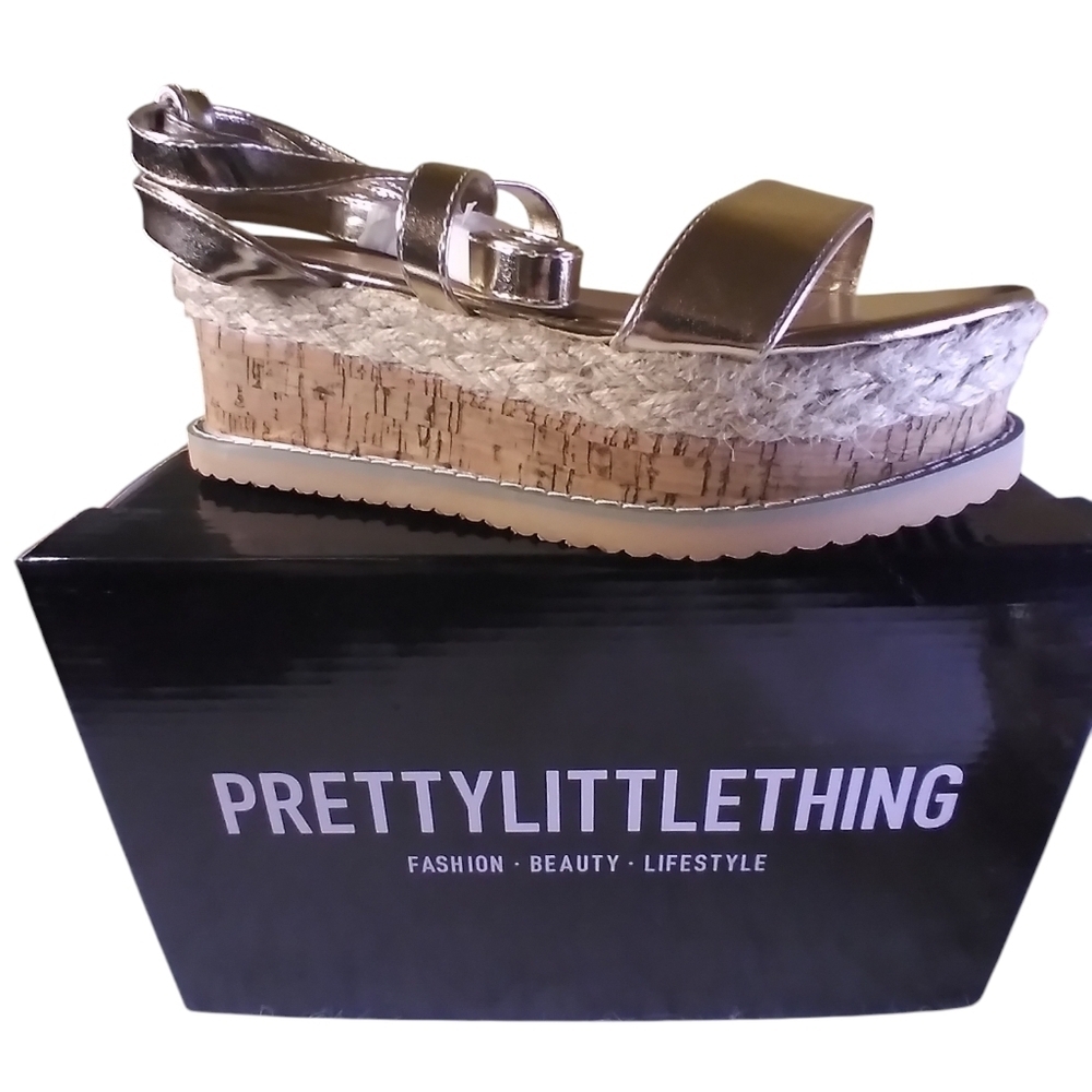 NWT Prettylittlething gold espadrille lace up platform sandals
